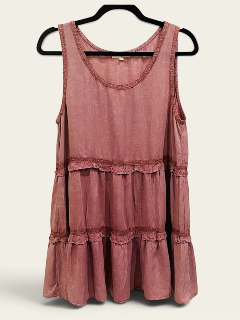 Easel Scoop Neck Tunic Mini Boho Dress - Dusty Rose Pink Mineral Wash Medium
